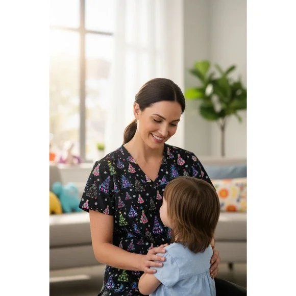 LOT OF 5 Womens Printed Scrub Top Short Sleeve Medium Holiday Workwear Medical - Picture 9 of 13